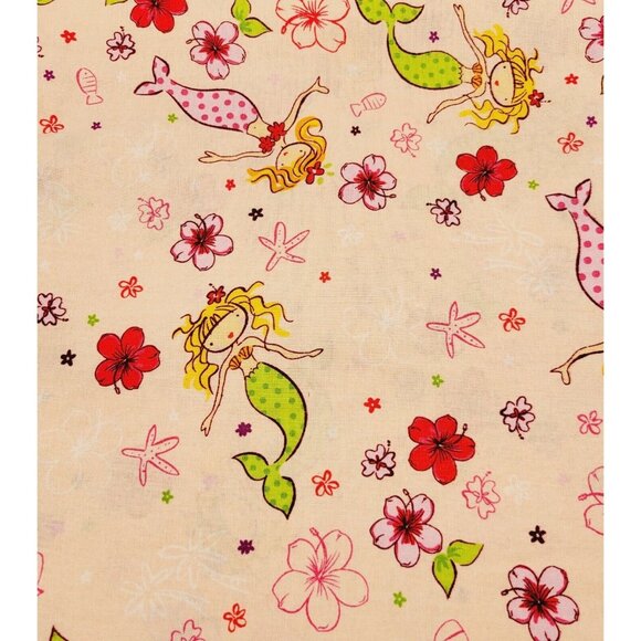 Mermaids Starfish Hibiscus Flowers Cotton Fabric Quilting Sewing 2 1/2 Yards - Picture 1 of 3